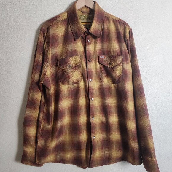 Dixxon Shirt Mens Extra Large Brown Yellow Plaid Goldfield Flannel Snap Front - Picture 1 of 11